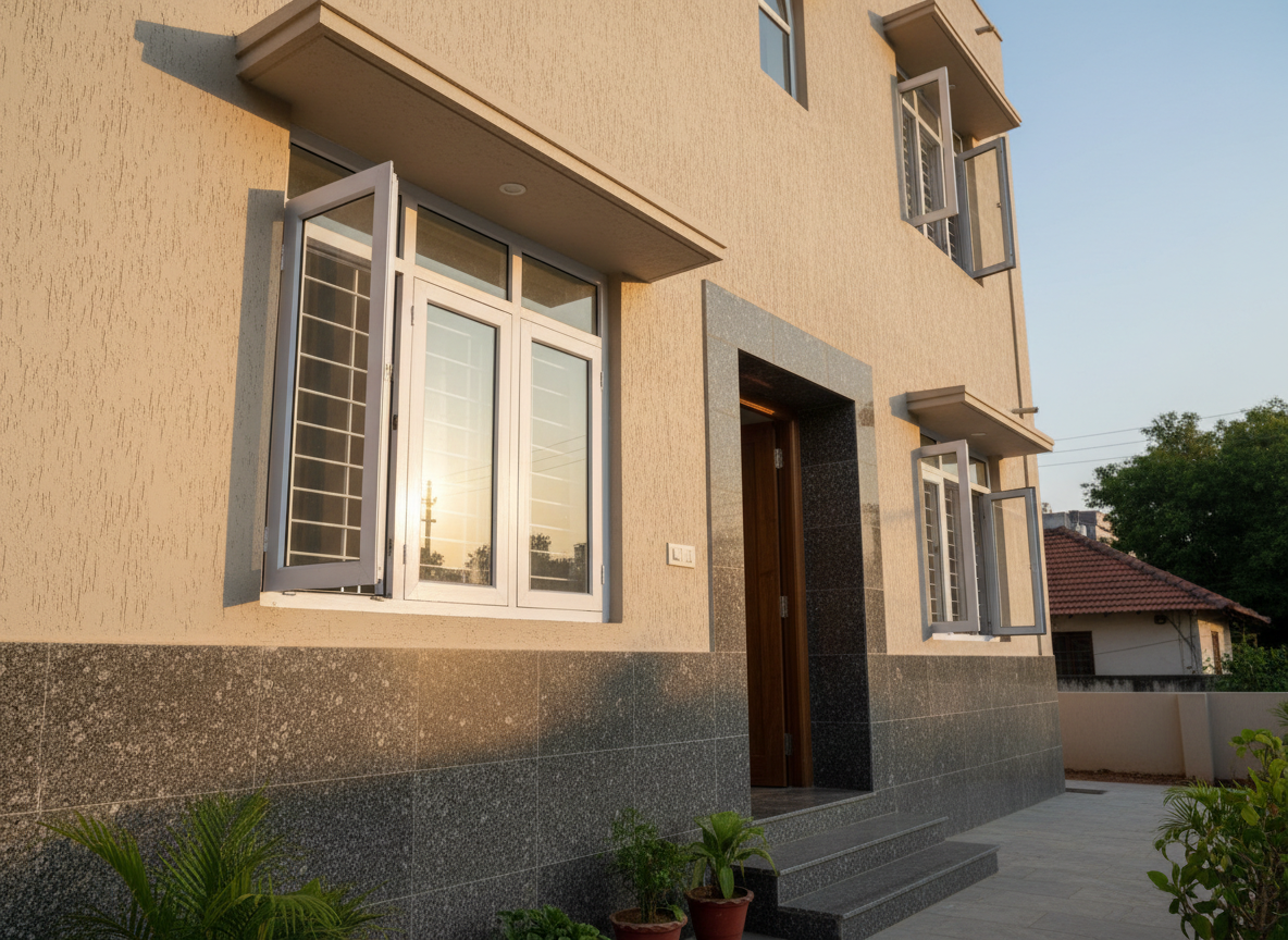 A bright exterior scene of a residential building in Nandurbar, Maharashtra, showcasing newly installed white UPVC windows and a granite-clad entrance. The facade is finished in soft beige, with dark grey granite tiles framing the main doorway and forming a small step. The UPVC windows are large, with clear reflective glass and neat, straight lines, some slightly open to suggest ventilation. Late afternoon sunlight casts warm highlights on the granite’s subtle texture and creates defined but gentle shadows on the walls. Captured from a slightly low angle to emphasize the clean architecture, with a sharp, detailed foreground and a softly blurred background of nearby trees and rooftops, conveying reliability, durability, and a professional installation service.