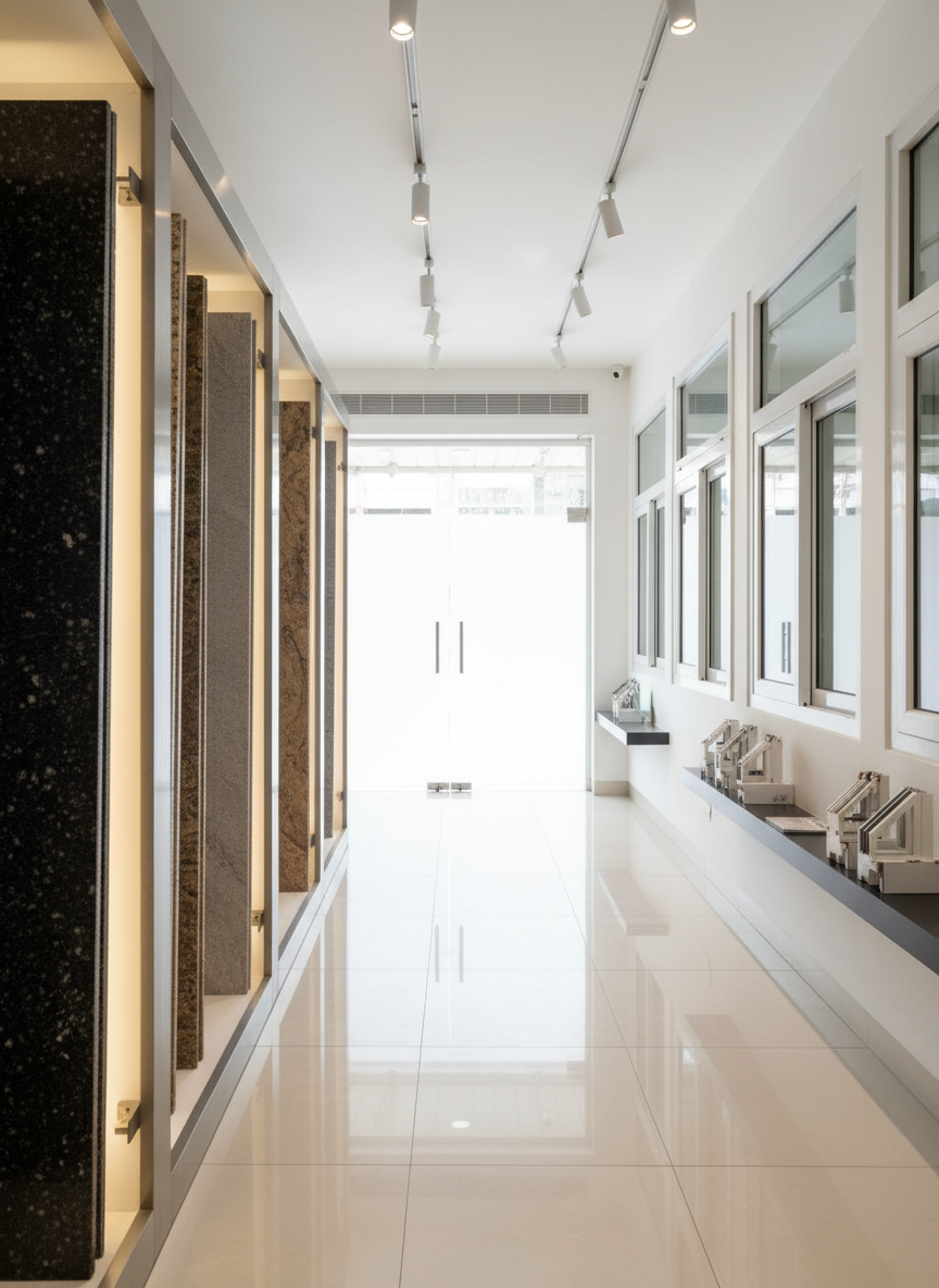 A wide, photographic realism shot of a modern granite and UPVC showroom interior in Nandurbar, Maharashtra. Sleek granite slabs in black galaxy, soft grey, and warm brown tones stand vertically on illuminated racks, while UPVC windows with double-glazed glass and clean white frames are installed along one wall. The polished tile floor reflects soft overhead LED lighting and filtered daylight from a large glass opening. The atmosphere feels professional and trustworthy, with clear walkways and organized displays. Captured at eye level with sharp focus throughout, composing the granite displays on one side and UPVC windows on the other, emphasizing variety, quality, and a modern, clean business environment without showing any people.