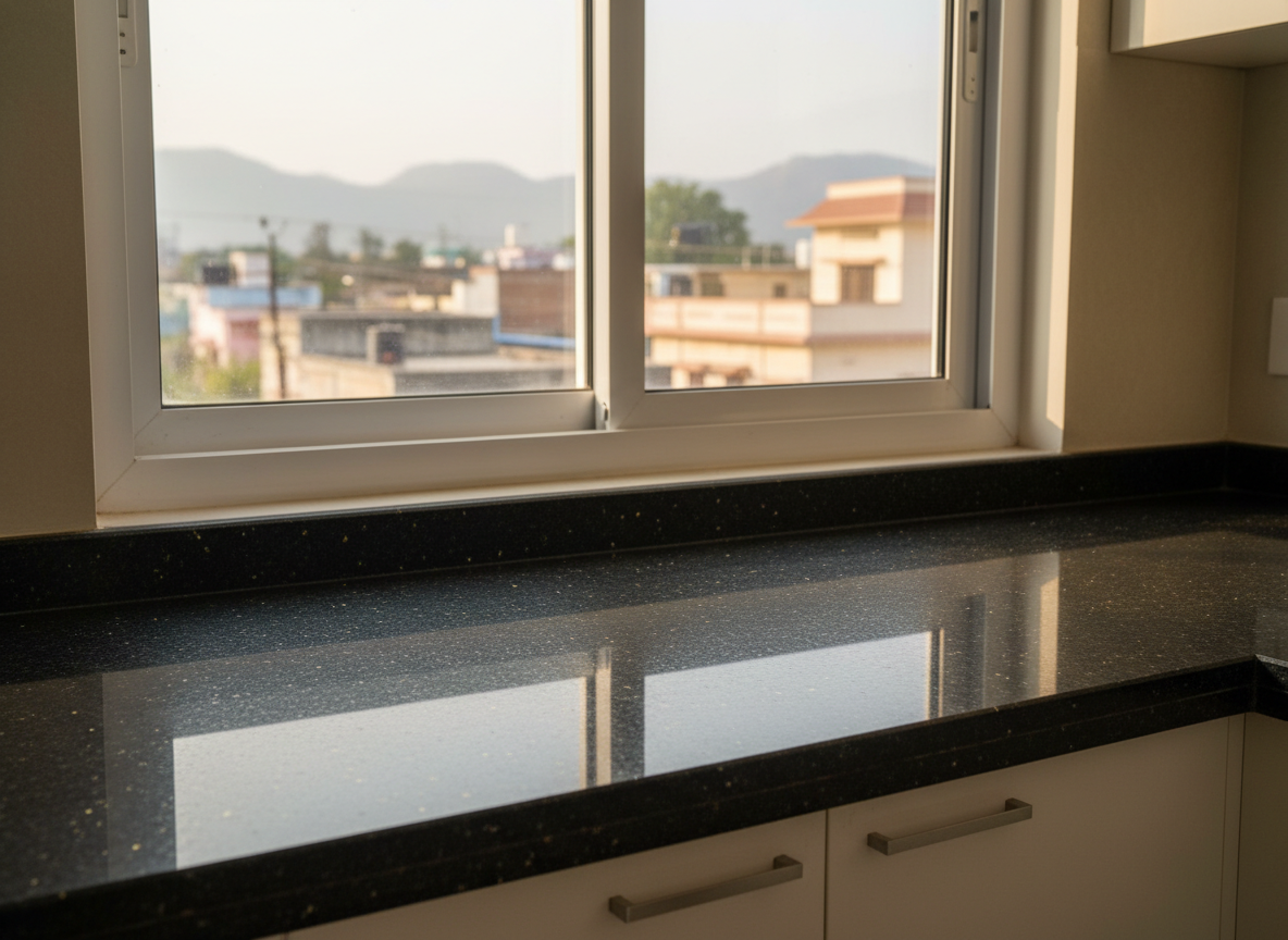 A close-up, photographic realism image of a premium kitchen countertop installation featuring polished black granite with subtle golden flecks, paired with a pristine white UPVC sliding window just above. The granite’s mirror-like surface reflects soft afternoon light streaming through the window, highlighting its fine grain and smooth edges. Outside the window, a faint, blurred hint of a Nandurbar streetscape with low buildings and distant hills sets the local context. The scene is lit by natural warm sunlight, creating gentle shadows and a calm, refined mood. Shot from a slightly elevated angle with shallow depth of field, the composition keeps the countertop and window frame in crisp focus while the background softly fades, emphasizing quality craftsmanship and everyday usability.