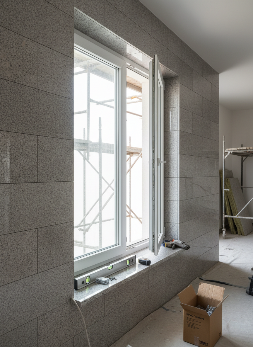 A detailed installation scene of a UPVC casement window being fitted into a freshly plastered wall clad with medium-grey granite tiles, captured without any people. The UPVC frame sits partially inserted, with precision measuring tools, a level, and a sealed box of fasteners neatly arranged on a clean granite window sill. Dust-free, tidy surroundings suggest professional workmanship. Soft, diffused daylight enters from outside, illuminating the white frame and revealing the subtle matte and glossy variations of the granite tiles around it. The mood is focused and technical yet approachable. Photographic realism at eye level with moderate depth of field keeps the window and tools in sharp focus while the unfinished room background gently blurs, highlighting the step-by-step installation process.
