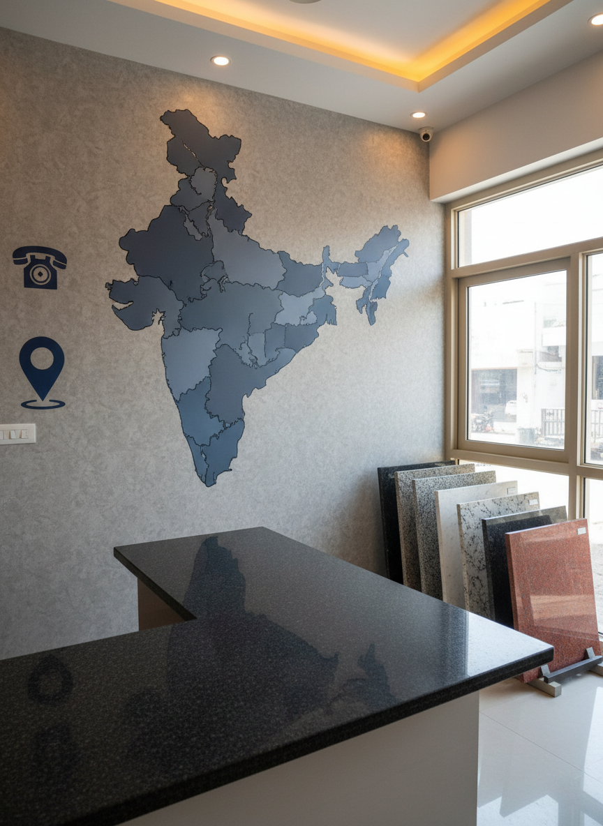 A modern office-style consultation corner inside a granite and UPVC showroom in Nandurbar, designed to subtly convey contact and service information without text. A sleek L-shaped desk with a dark granite top faces a wall with a large, stylized graphic map of Maharashtra and an icon-like telephone and location pin illustration, all without letters or numbers. Nearby, a full-height UPVC fixed window showcases natural light, with a few granite slab samples standing on a minimalist metal stand. The space is lit by a mix of soft daylight and warm recessed ceiling lights, creating a welcoming yet professional atmosphere. Photographic realism at eye level with balanced composition, highlighting both the consulting area and the product samples.